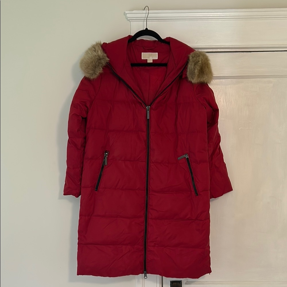 Michael Kors Red Puffer Jacket with Faux Fur Trim
